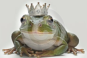 Isolated white background portrait of a frog princess wearing a crown