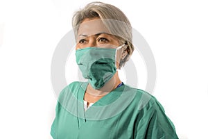 Isolated white background portrait of mature attractive and confident medicine doctor woman or hospital nurse in medical gown and