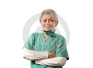 Isolated white background portrait of mature attractive happy and confident medicine doctor woman or hospital nurse in medical