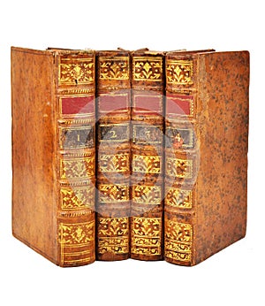 Isolated White Background, Shinny Antique Book Collection Shelf View, Four piece of Antique Books
