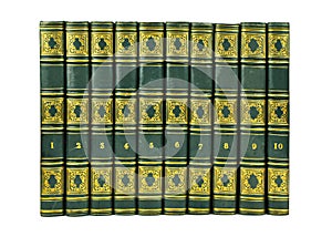 Isolated White Background, Shinny Antique Book Collection Shelf View, piece of Antique Books