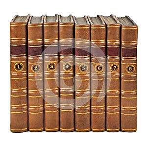 Isolated White Background, Shinny Antique Book Collection Shelf View, piece of Antique Books