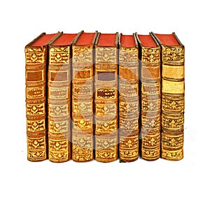Isolated White Background, Shinny Antique Book Collection Shelf View, Seven piece of Antique Books