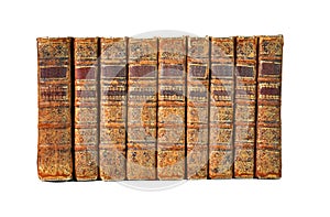 Isolated White Background, Shinny Antique Book Collection Shelf View, Seven piece of Antique Books