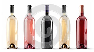 An isolated white background shows a set of white, rose, and red wine bottles.