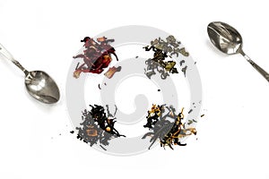 Isolated white background spoon tea. Green fruit black tea grade