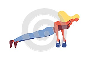 Isolated on white background sport woman doing fitnes training. Plank position standing on weights. Vector illustration good for