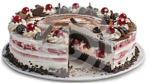Isolated white background stock photo of black forest cake for food photography purposes