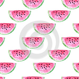 Isolated on white background watercolor bright pink ripe watermelon slices as seamless pattern. Web