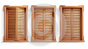 Isolated on white background are wooden rolling shutters and brown venetian blinds. A realistic set of wood jalousie