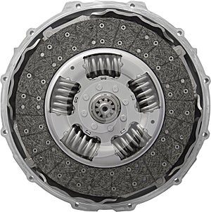 Isolated on white car truck clutch. Close up front view of new composite clutch disc inside open housing for trucks and tractors