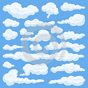 Isolated white cartoon cloud. Aerial clouds in blue sky, game or animation elements. Fluffy comic shapes, smoke or