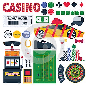 Isolated on white casino equipment as gambling roulette, pocker table, prizes as car and money. Bet games objects