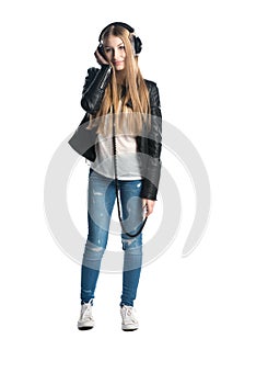 Isolated on white cute teenager girl portrait in wired headphones