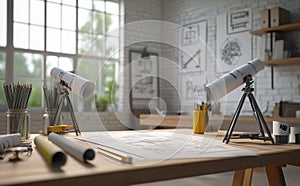 Isolated on white, a drawing table holds a project blueprint with a clip