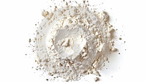 Isolated white flour pile on white background. This is a flat lay.