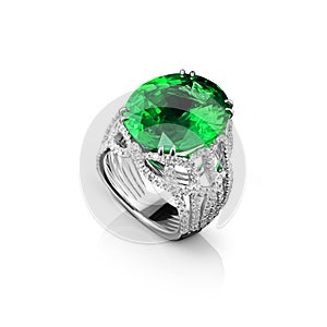 Isolated white gold ring with diamonds and huge green emerald