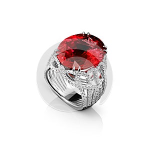 Isolated white gold ring with diamonds and huge red ruby