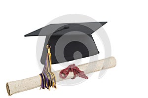 Isolated on white Graduation cap and diploma