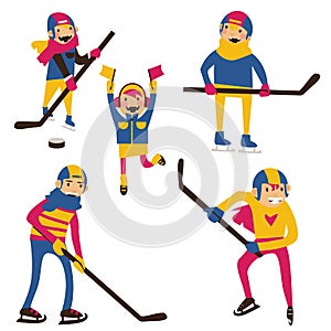 Isolated on white hockey family with hockey sticks and puck. Happy parents with kids skating and playing