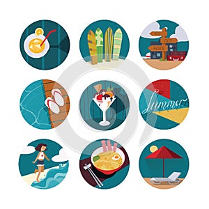 Isolated on white illustration with set of summer vacation icons in circles. Happy girl and sea, ice cream, cocktail, cool