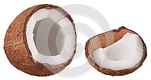 Isolated on white open ripe tropical coco nut fruit. Coconut cut with white flesh. Tropical food concept. Food parts and elements