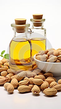 Isolated on white, peanut oil and whole peanuts create a natural composition