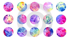 Circles abstract grunge watercolor colorful all rainbow colors palette, isolated set