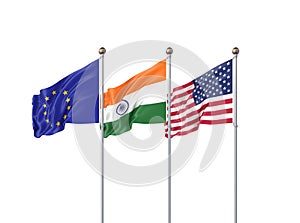 Isolated on white. Three realistic flags of European Union, USA United States of America and India. 3d illustration