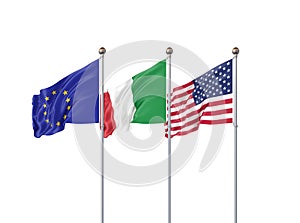 Isolated on white. Three realistic flags of European Union, USA United States of America and Italy. 3d illustration