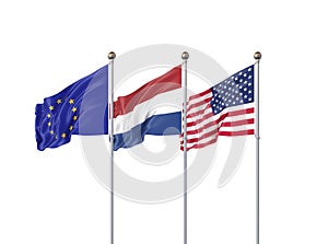 Isolated on white. Three realistic flags of European Union, USA United States of America and Netherlands. 3d illustration