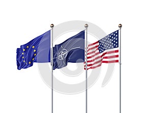 Isolated on white. Three realistic flags of European Union, USA United States of America and North Atlantic Treaty Organization