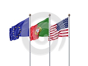 Isolated on white. Three realistic flags of European Union, USA United States of America and Portugal. 3d illustration