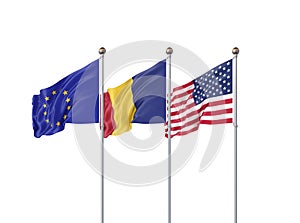 Isolated on white. Three realistic flags of European Union, USA United States of America and Romania. 3d illustration