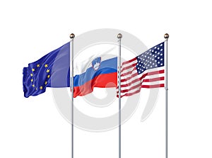 Isolated on white. Three realistic flags of European Union, USA United States of America and Slovenia. 3d illustration