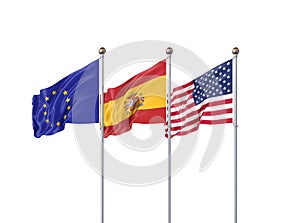 Isolated on white. Three realistic flags of European Union, USA United States of America and Spain. 3d illustration
