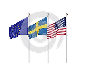 Isolated on white. Three realistic flags of European Union, USA United States of America and Sweden. 3d illustration