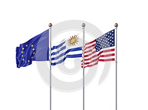 Isolated on white. Three realistic flags of European Union, USA United States of America and Uruguay. 3d illustration