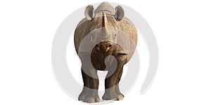 Isolated on white, wild black rhinoceros, Diceros bicornis, front view, staring at camera, standing on the rim of waterhole.