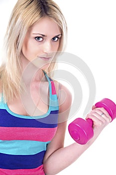 Isolated on white woman with dumbbell