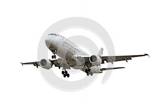 Isolated Light Gray Wide Body Commercial Airplane Landing With Gear Deployed on Pure White Background photo