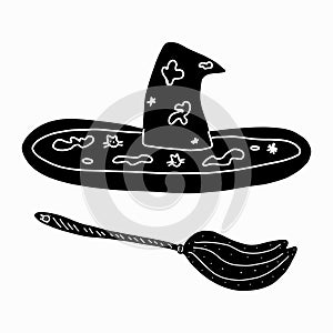 Isolated Witch s accessories hat and broom. vector illustration in cartoon style, isolated on a white background. For
