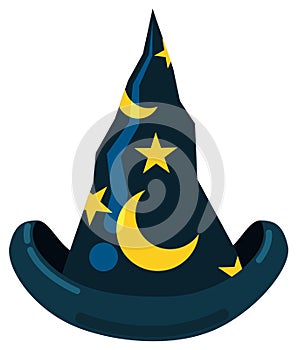 Isolated Wizard Hat with Stars and Moons in Flat Style, Vector Illustration