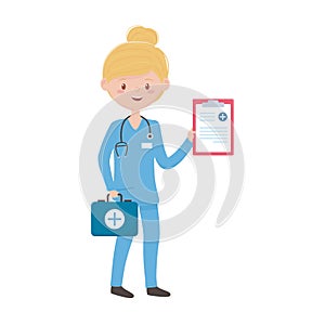 Isolated woman doctor with kit and history vector design