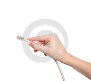 Isolated woman hand hold a computer cable