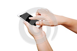 isolated woman hand hold and touch screen smart phone on white b