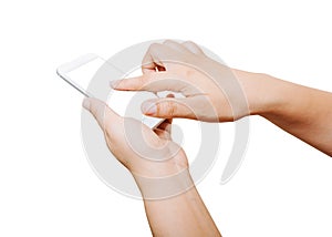 isolated woman hand hold and touch screen smart phone on white b