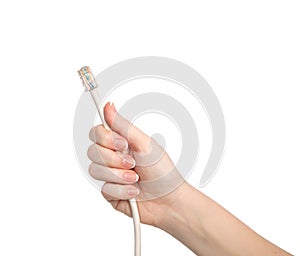 Isolated woman hand holding computer cable