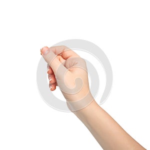 Isolated woman hand holding a object photo