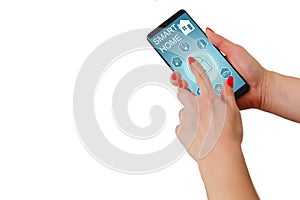 isolated woman hand holding the phone with system smart house